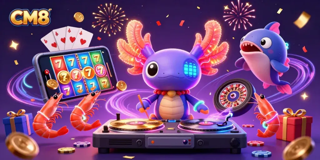 Experience CM8 gaming excitement with vibrant characters and immersive casino elements.