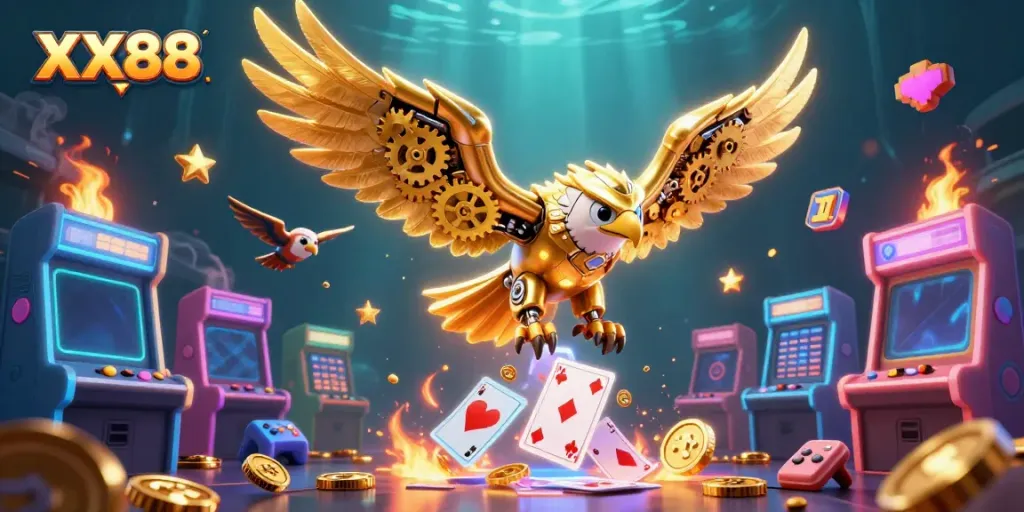 Engage in thrilling gameplay experience at XX88, featuring a vibrant casino atmosphere with dynamic characters and game elements.