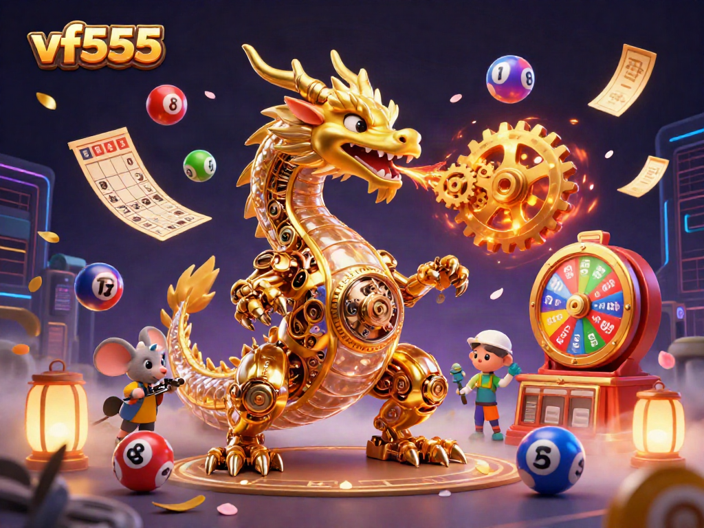 Engage with the thrilling world of vf555 casino, featuring a golden dragon and lottery elements.