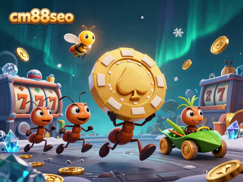 Experience amazing gaming adventures at cm88seo with ants heisting a giant poker chip in a vibrant casino.