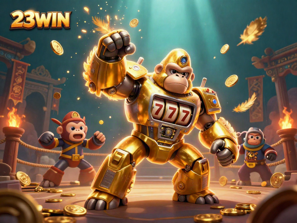 Experience thrilling gaming with 23WIN's golden gorilla mech, spinning reels, and explosive action in this dynamic casino scene.