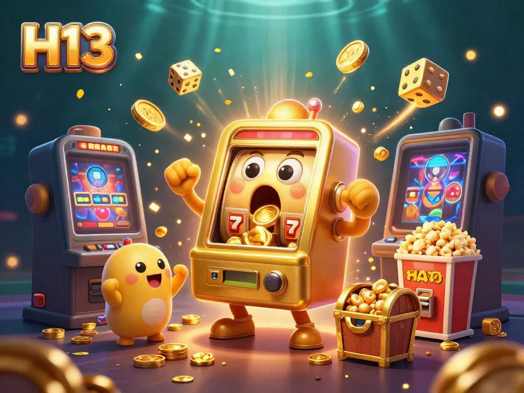 Experience excitement at H 13 with cartoon slot machines overflowing with coins, creating a vibrant gaming atmosphere.