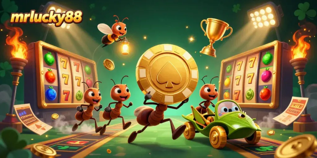 Join the mrlucky88 team of cartoon ants on a heist with a golden poker chip, surrounded by casino elements.