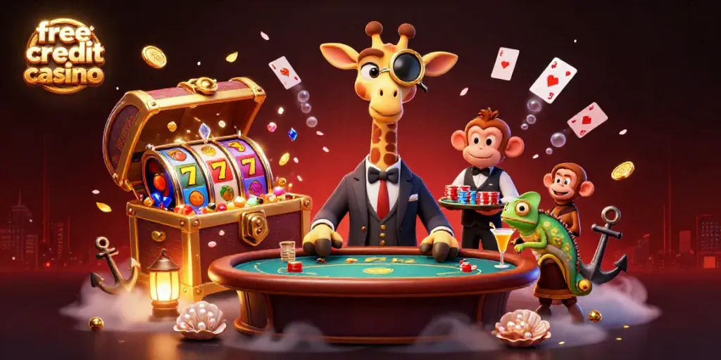 Embrace winning strategies at free credit casino with a high-roller giraffe, monkey valet, and chameleon bartender.