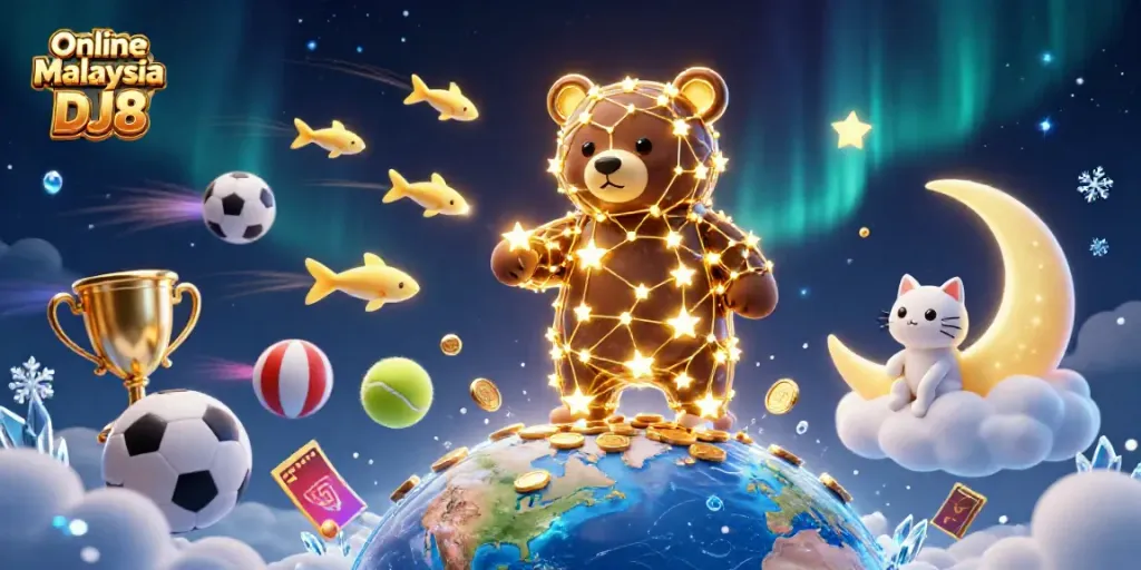Experience online betting thrills with Online Casino Malaysia DJ8 in this vibrant celestial scene.