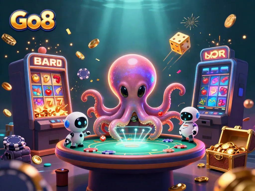 Go8 alien octopus playing poker with asteroids and jackpot slots in a vibrant casino scene.