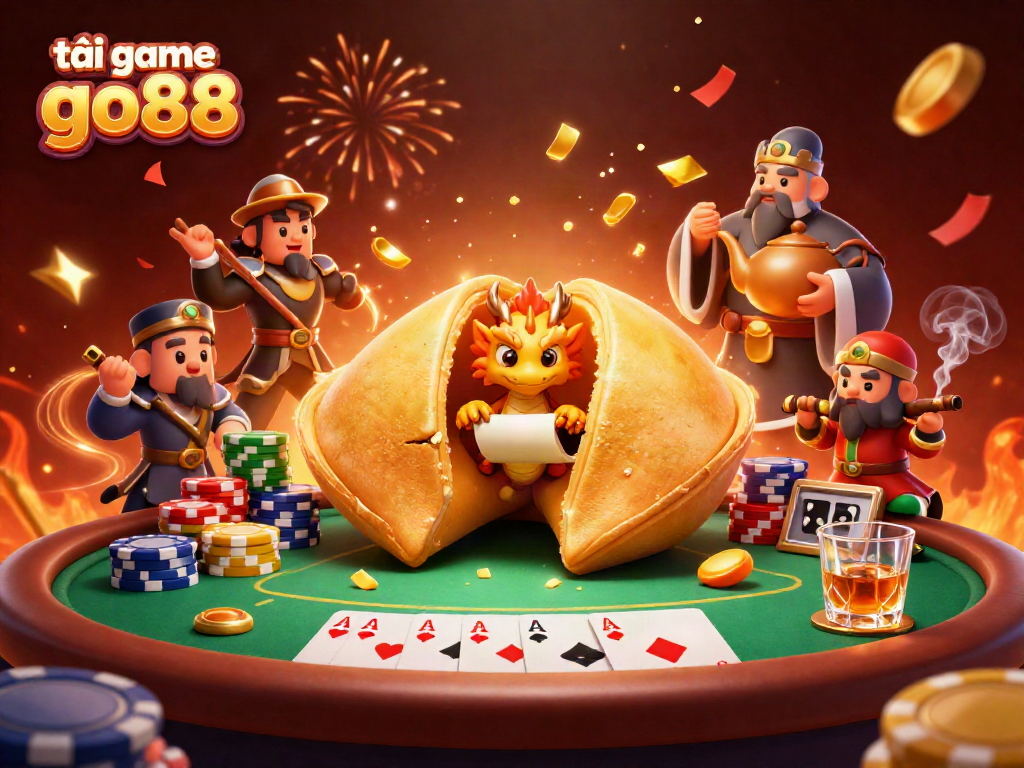 Immerse in delightful gaming with tải game go88, featuring a golden fortune cookie, wise dragon, and vibrant casino elements.