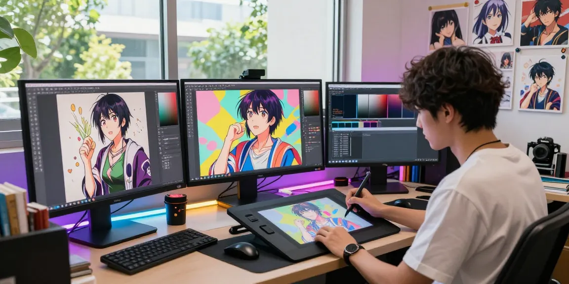 AI ecchi artist creating vibrant anime illustrations in a colorful studio.