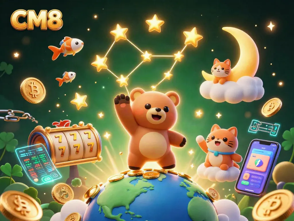 Engage in CM8 slots with golden bear and cosmic elements in a vibrant casino realm.