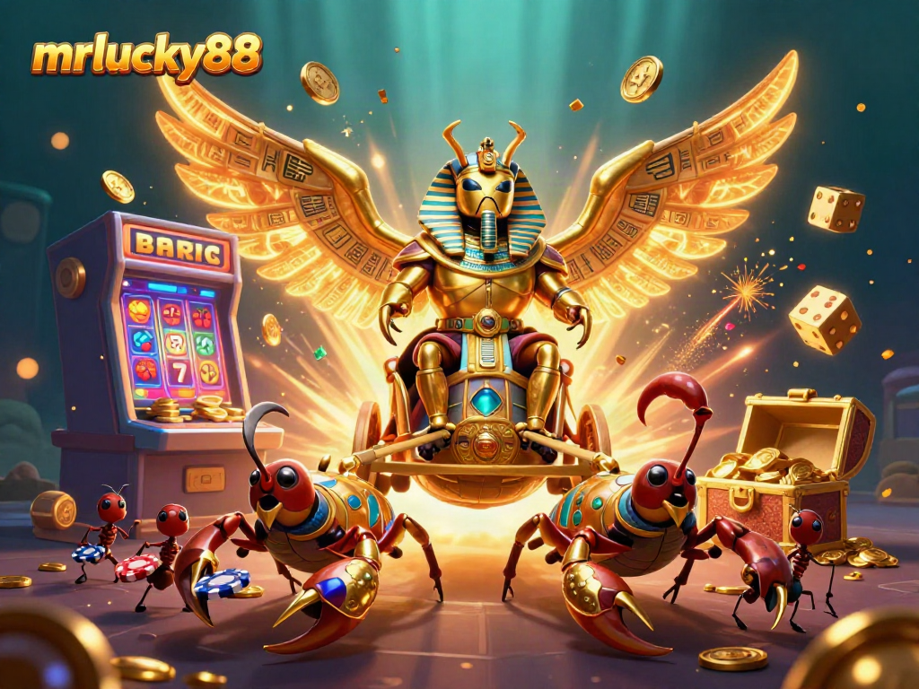 Experience the vibrant action of mrlucky88 with a golden scarab beetle and fantastic gaming elements.