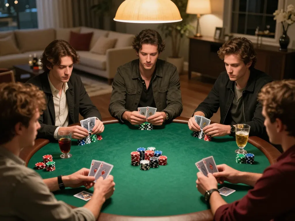 Players strategizing at a private F8BET poker night, surrounded by colorful chips and warm lighting.
