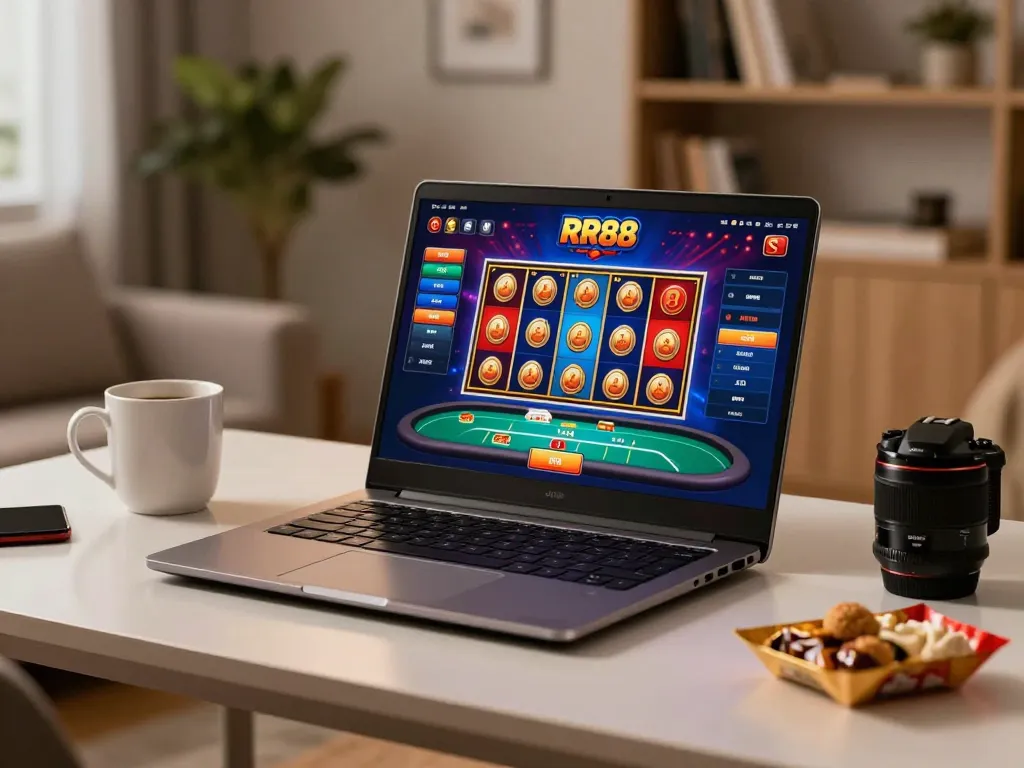 Engaging online gambling at RR88 with vibrant casino games displayed on a laptop, creating a cozy atmosphere