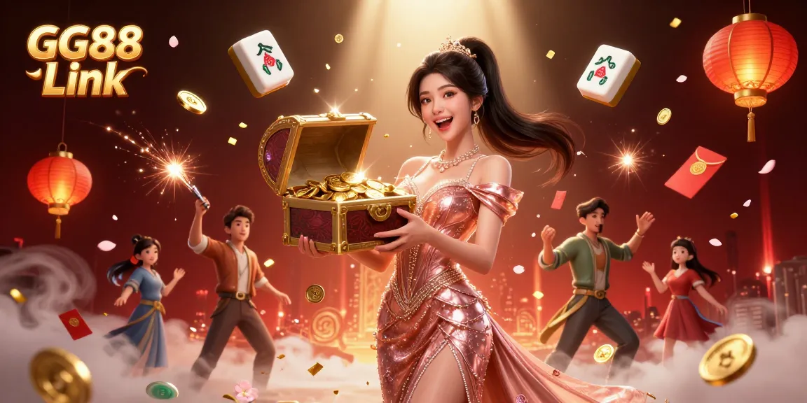 Engage with GG88 Link at an exciting casino illustrated scene, showcasing wealth with golden treasures and festive elements.