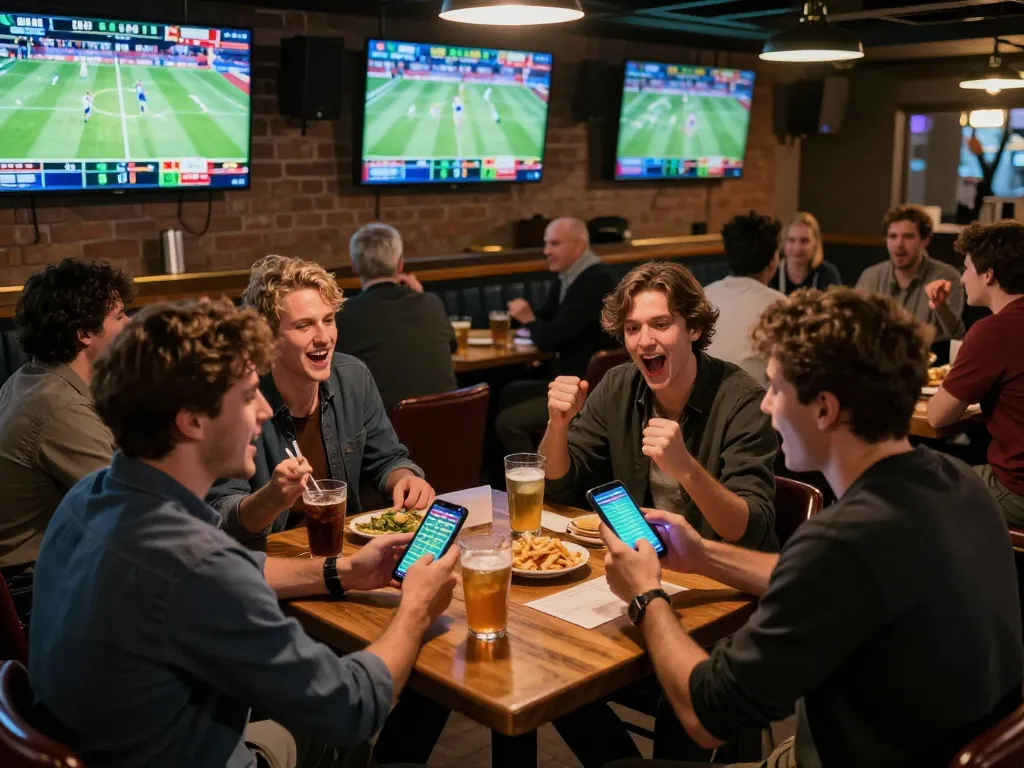 Exciting sports betting moment with a patron placing bets on their mobile device at a lively sports bar.