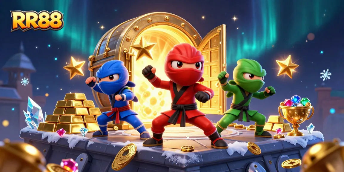 Experience the thrill of winning with RR88, featuring ninja chameleons in a vibrant casino scene.