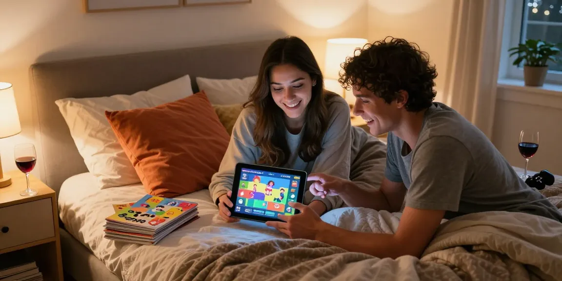 Couple enjoying an NSFW game in a cozy bedroom setting with tablet and wine.