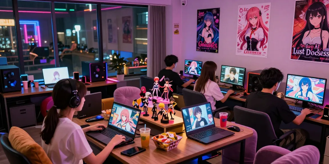 Engaging gamers in a vibrant lounge scene playing ecchi games on multiple devices