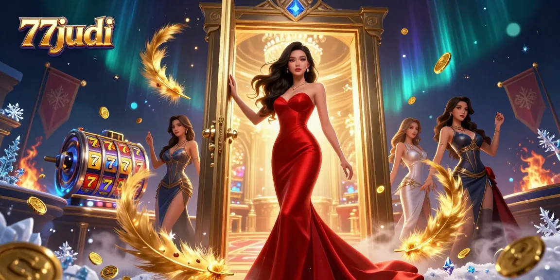 Experience the thrilling world of 77judi casino with a stunning VIP entrance and dynamic gaming elements.