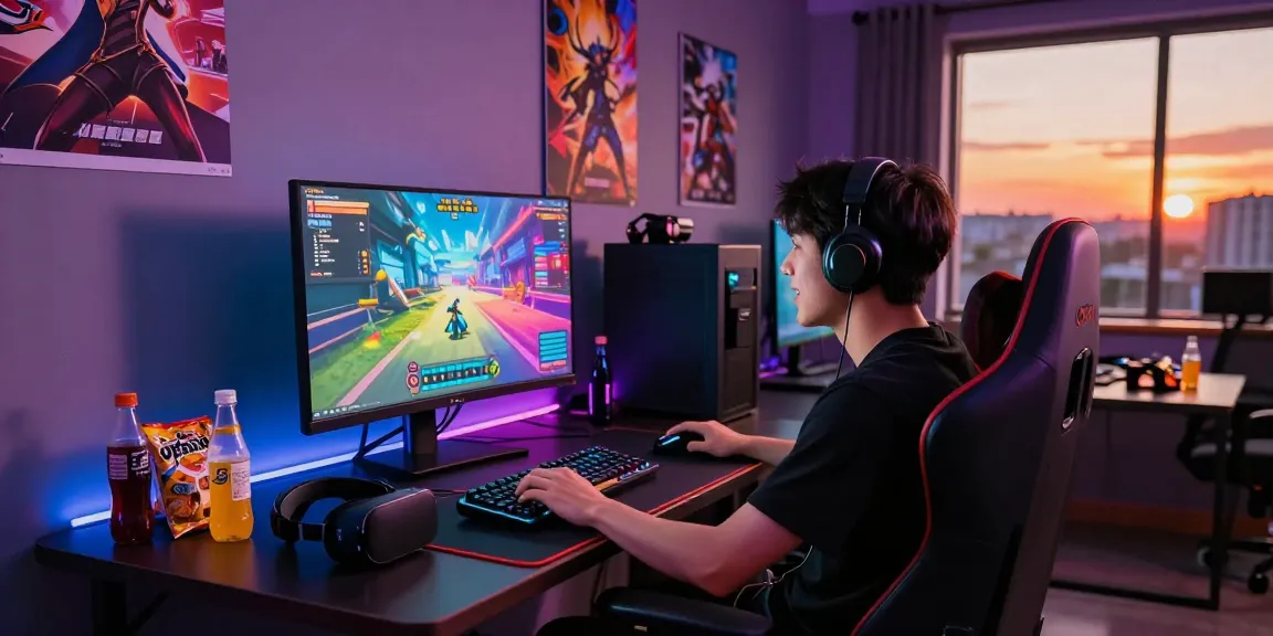 Engaged player enjoying a hentaigame in a vibrant gaming lounge.