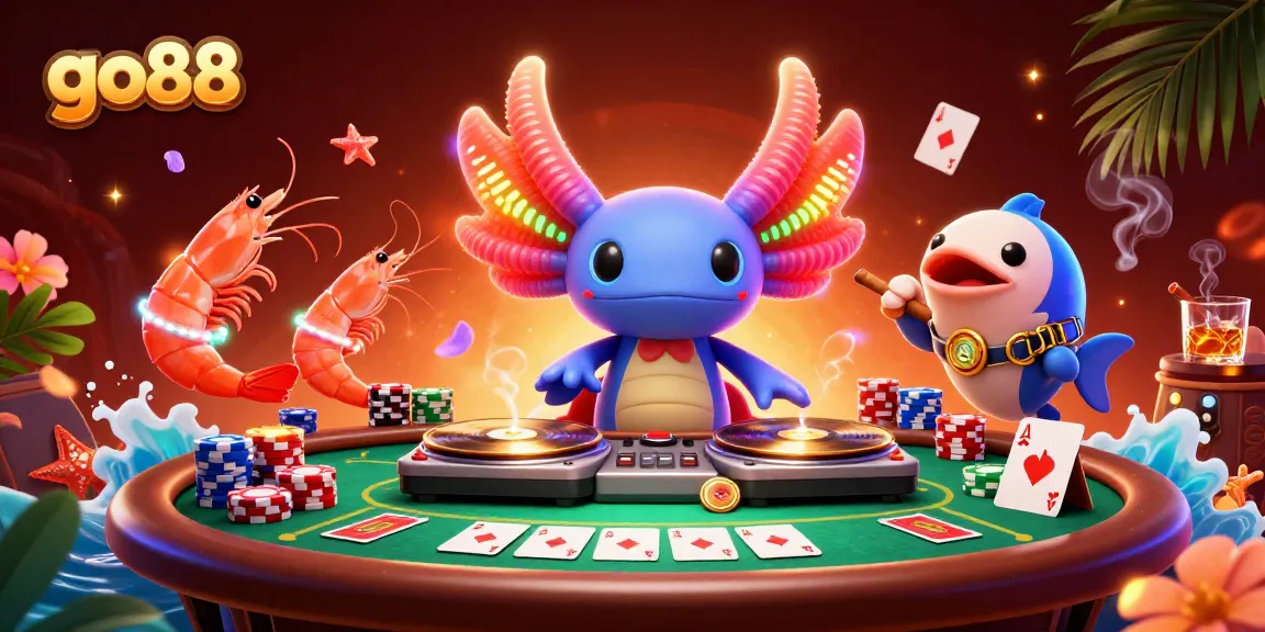 Experience thrilling gameplay at go88 with energetic axolotl DJ, poker elements, and vibrant underwater scenery.