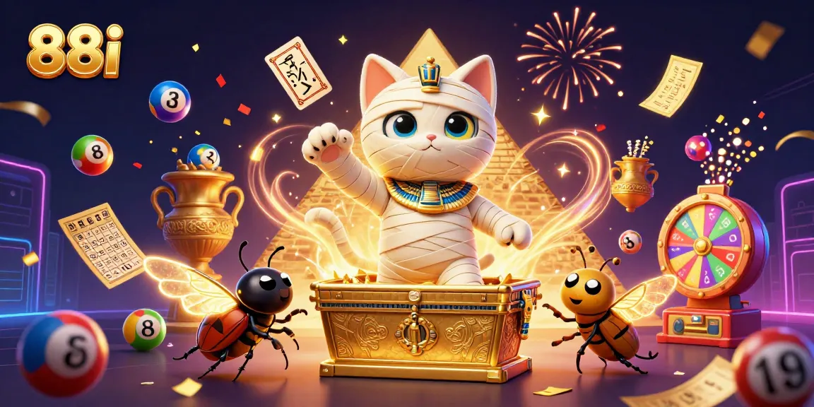 88i's Egyptian mummy cat and scarab beetle ignite excitement in a vibrant casino scene