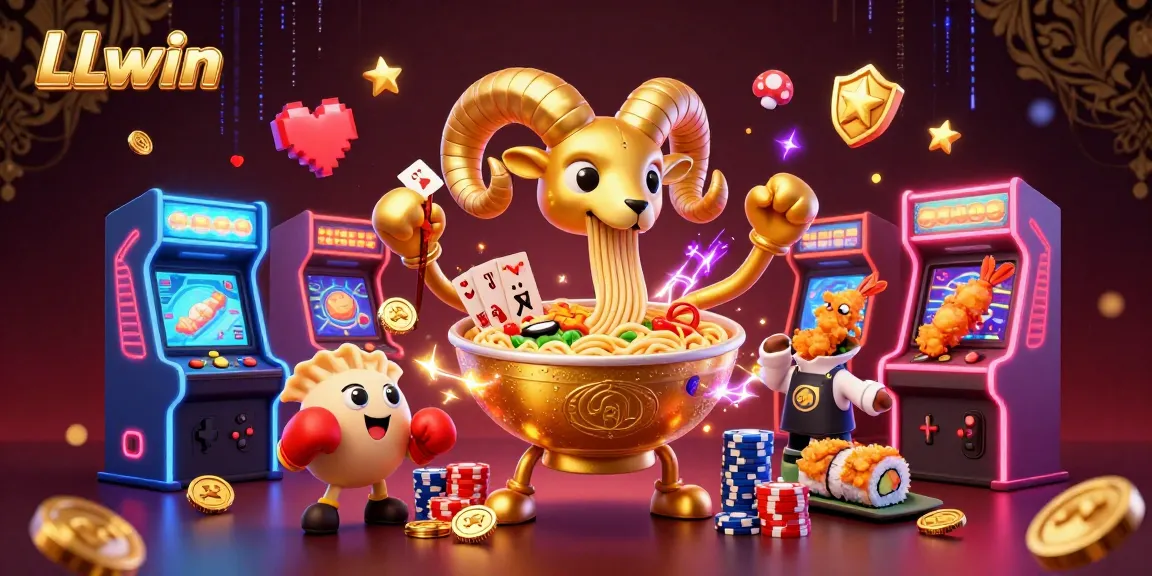 Engage with LLwin's vibrant casino scene featuring a giant ramen bowl dealer among colorful game elements.
