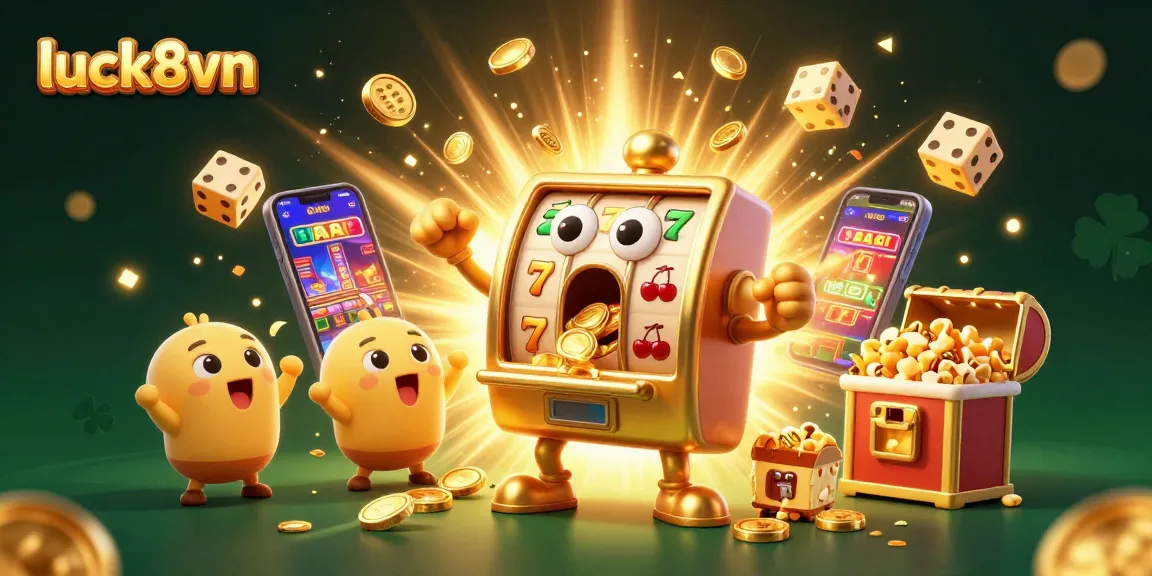 Experience the excitement of luck8vn with golden slot machines hitting jackpots in a vibrant casino scene.