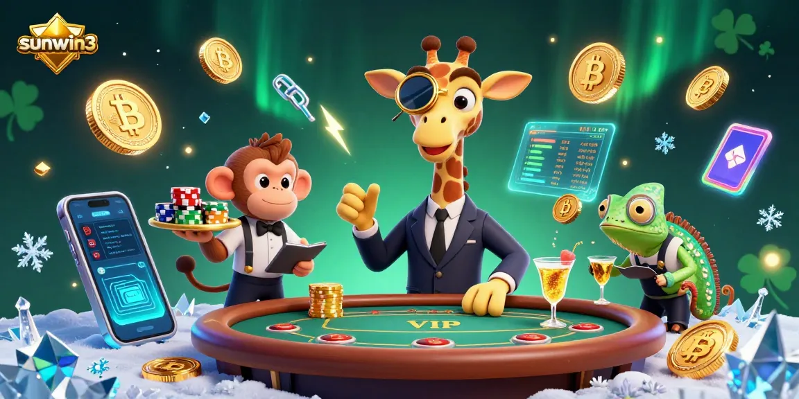 High-roller giraffe at the sunwin3 casino table amidst vibrant 3D cryptocurrency elements.