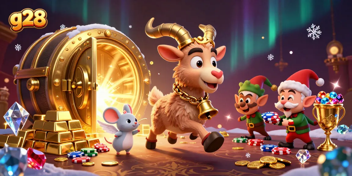 g28 holiday-themed casino featuring Krampus goat, angel mouse, and gremlins stealing chips