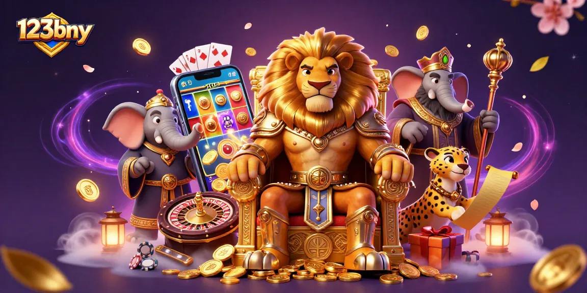 Experience thrilling gameplay with 123bny's vibrant casino elements showcasing slots, cards, and coins.