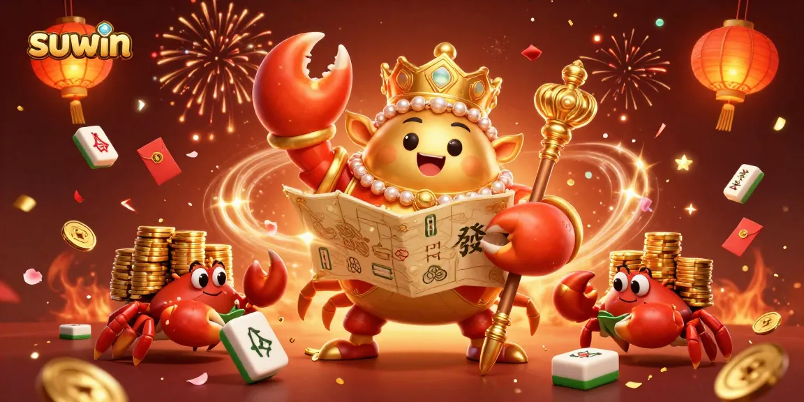 Suwin players cheer as the golden crab emperor unveils jackpots, surrounded by vibrant casino elements and festive decorations.