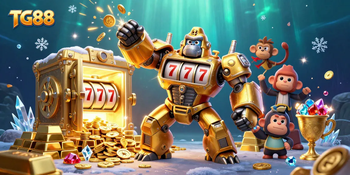 Win big with TG88 and its exciting gaming environment featuring a dynamic golden gorilla mech.