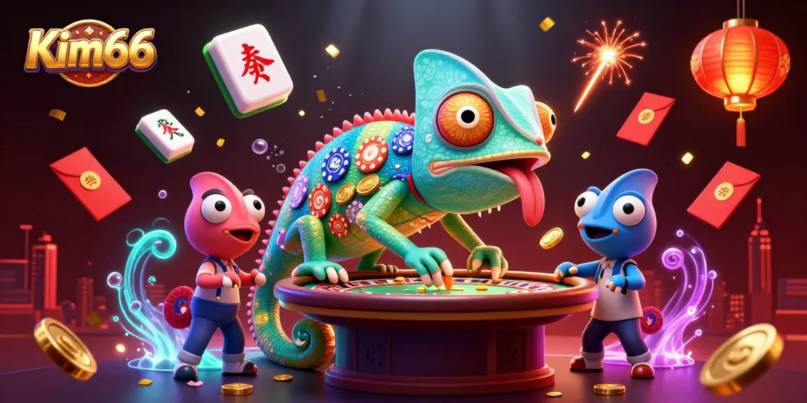 Engage in thrilling gameplay at Kim66 with a vibrant chameleon casino owner amidst dynamic elements.