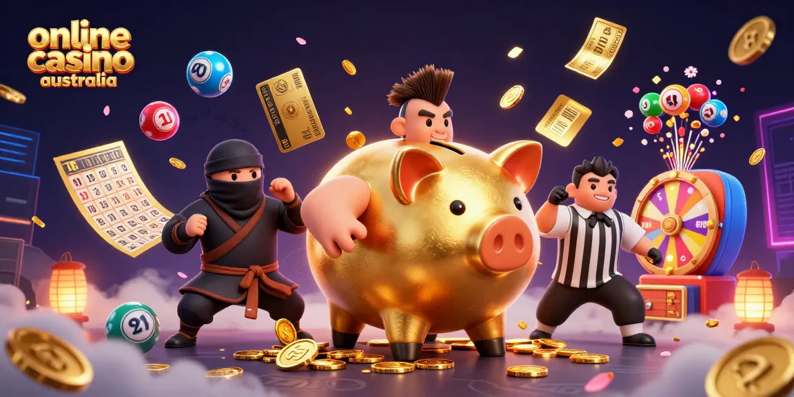 Engage at the online casino Australia with a dynamic scene featuring a golden piggy bank sumo wrestler and vibrant game elements.