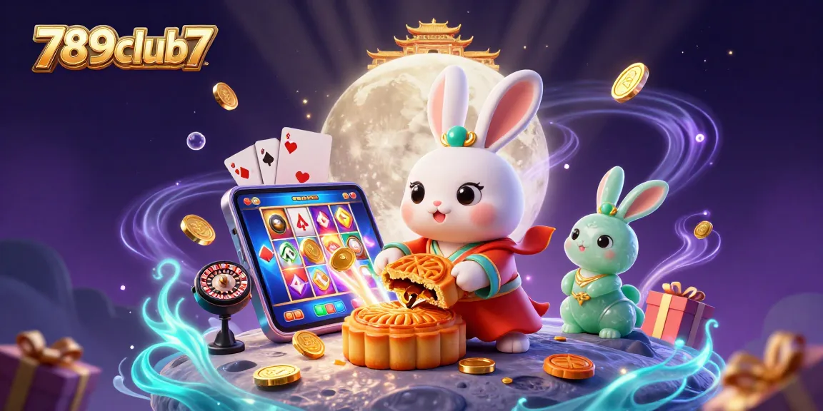 Experience thrilling gaming at 789club7 as moon rabbits unveil poker rewards in a vibrant casino setting.