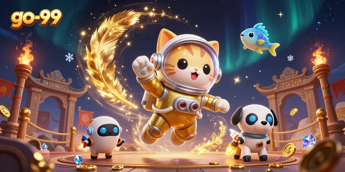 Engage in exciting gaming at go-99 with a 3D astronaut cat and golden casino elements!
