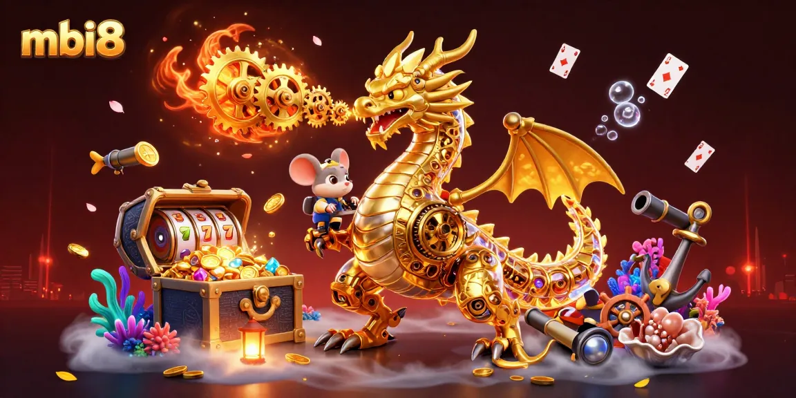 Join mbi8 for action-packed slots; witness a golden dragon and treasures in a vibrant casino scene