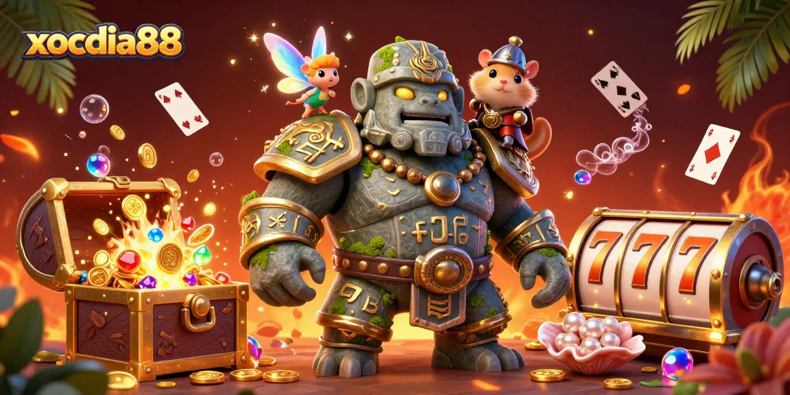 xocdia88 offers a vibrant casino atmosphere with lively characters amidst sparkling treasures and game elements.