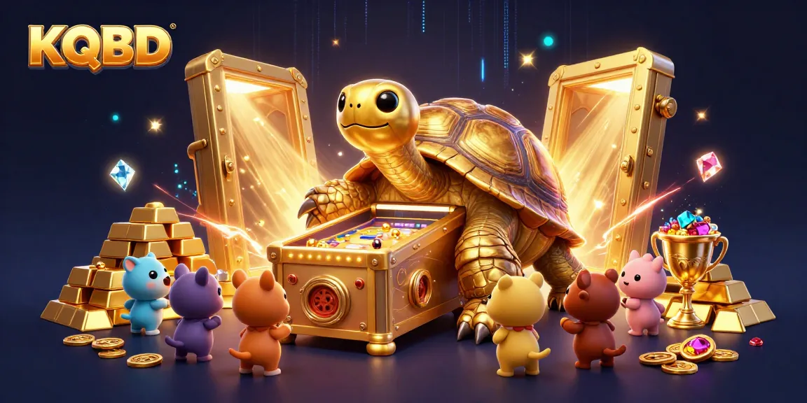 Experience KQBD excitement with a golden tortoise pinball and vibrant treasures in this 3D render.