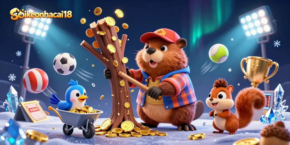 Experience dynamic sports betting with soikeonhacai18, featuring a beaver collecting gold coins in a vibrant casino scene.