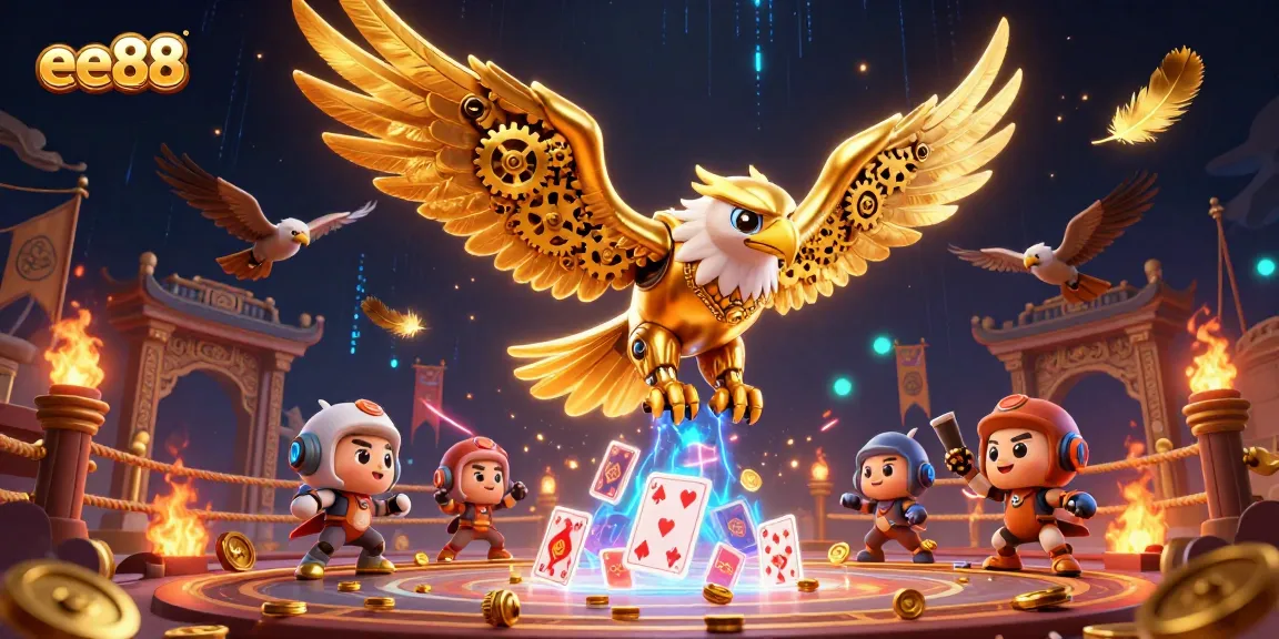 Experience thrilling gameplay with ee88 as a golden eagle dives through holographic cards in a vibrant casino.