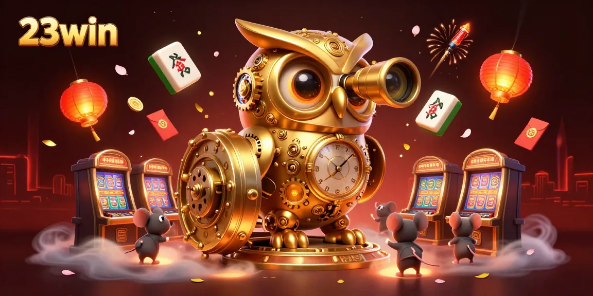 Engage with 23win's thrilling casino experience, featuring golden owl observing jackpot excitement!