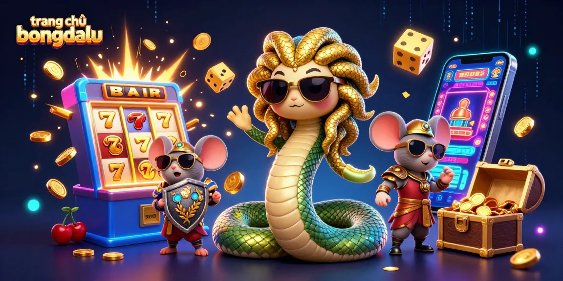 Experience excitement at trang chủ bongdalu with a vibrant, dynamic casino-themed illustration showcasing Medusa and a warrior mouse.