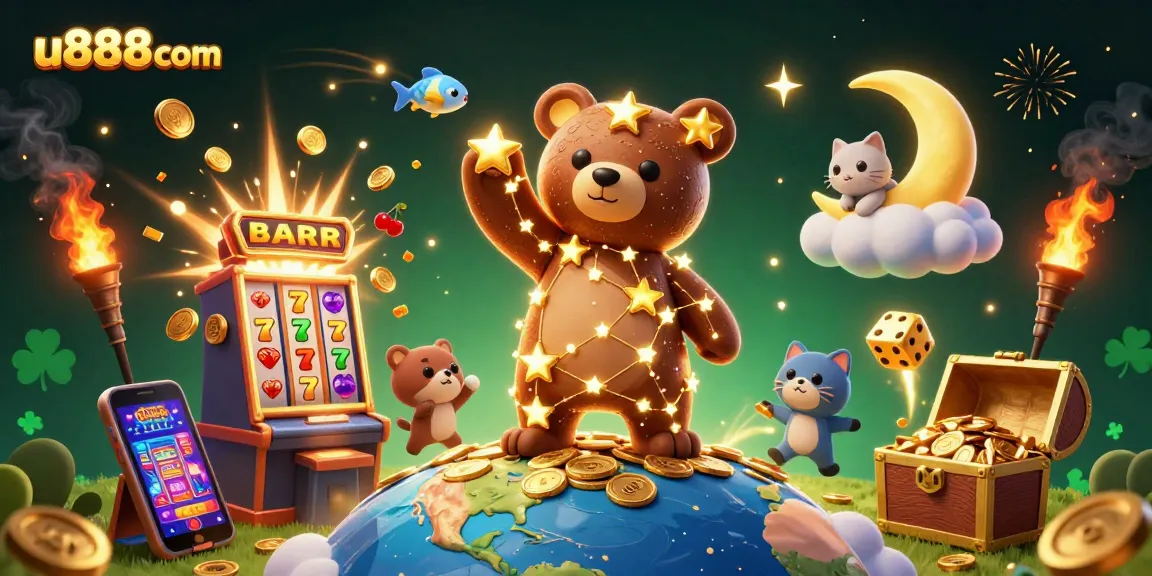 Engage with u888com's vibrant gaming universe featuring a constellation bear and jackpot excitement!