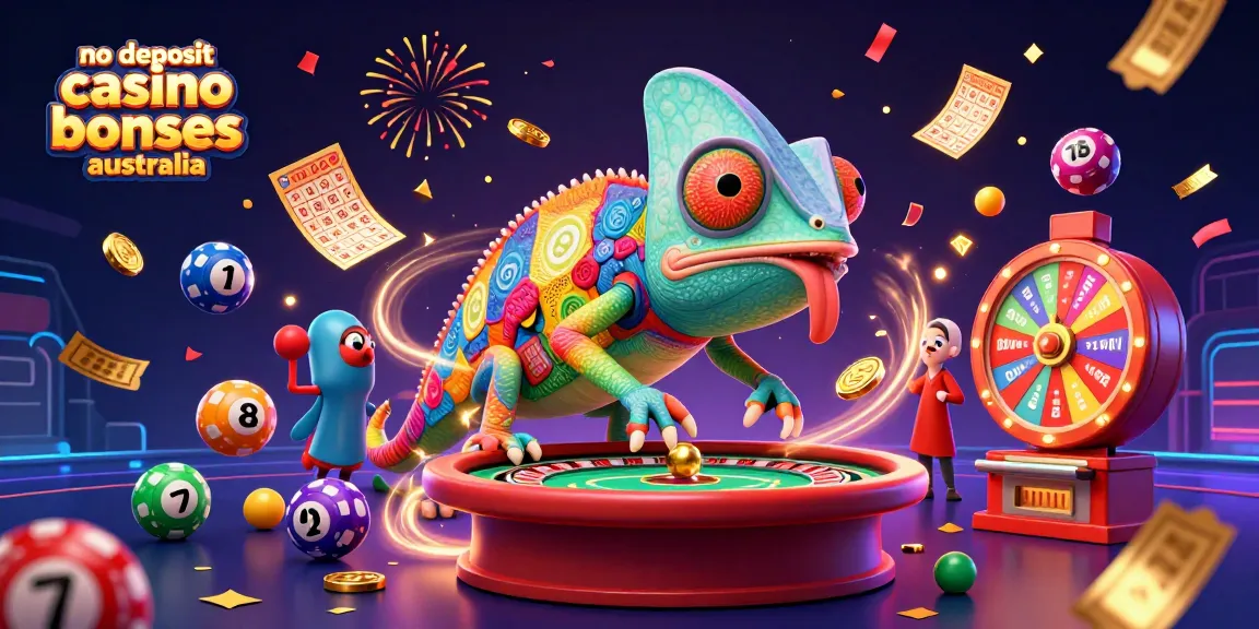 No deposit casino bonuses Australia scene featuring a vibrant 3D chameleon casino owner amidst lotto balls and golden tickets.