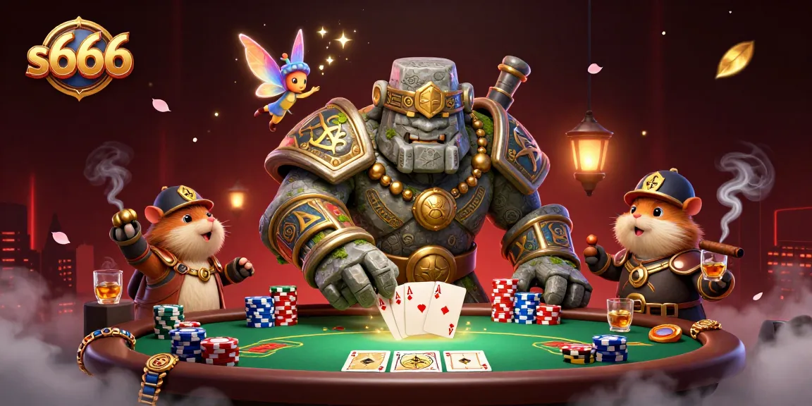S666 enhances gaming with a vibrant scene of the ancient golem guardian, poker elements, and magical sparkle.