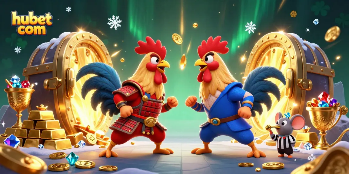 Witness twin roosters in a dramatic showdown at hubet com, surrounded by golden treasures and jewels.