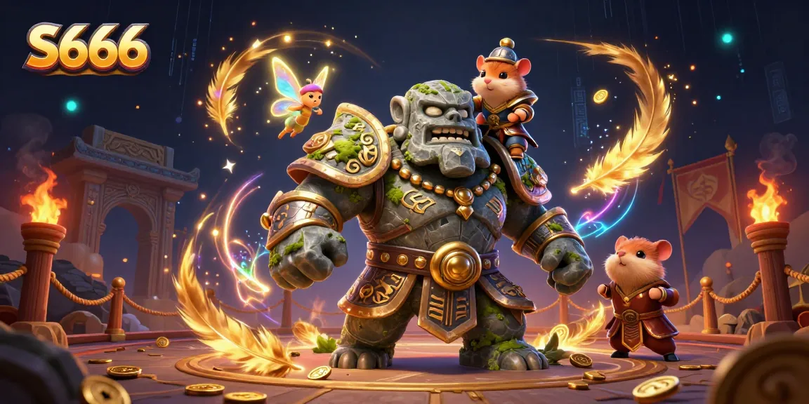 S666 captivates with a dynamic scene of a golem guardian and fairy amidst swirling coins and betting tokens, creating a magical gaming atmosphere.